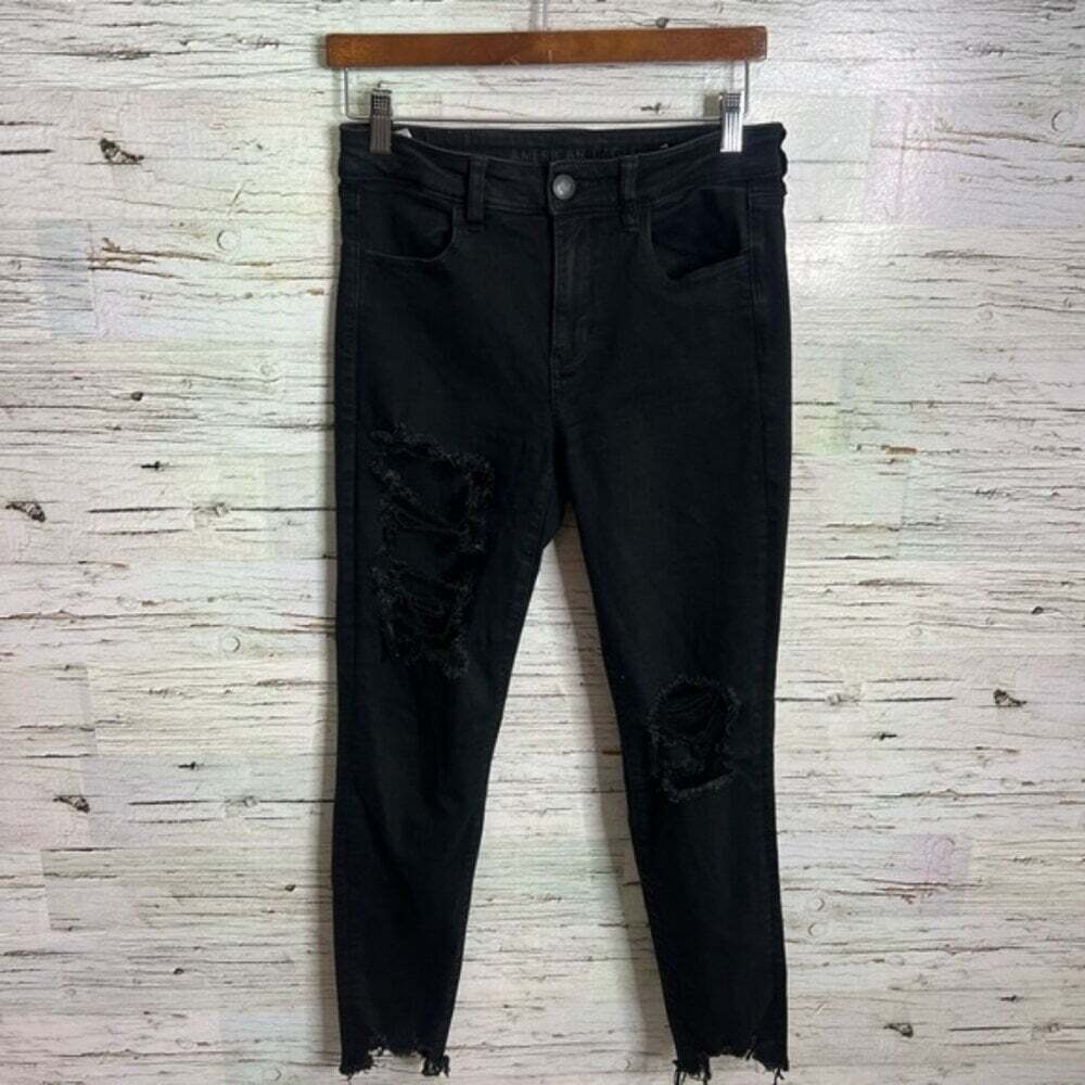 American Eagle Outfitters High Rise Black Jeans high rise jegging distressed 8